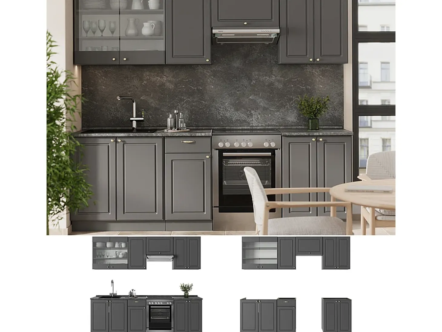 Mueble de cocina antracita-oro landhaus 240x60x81.6 fame-line