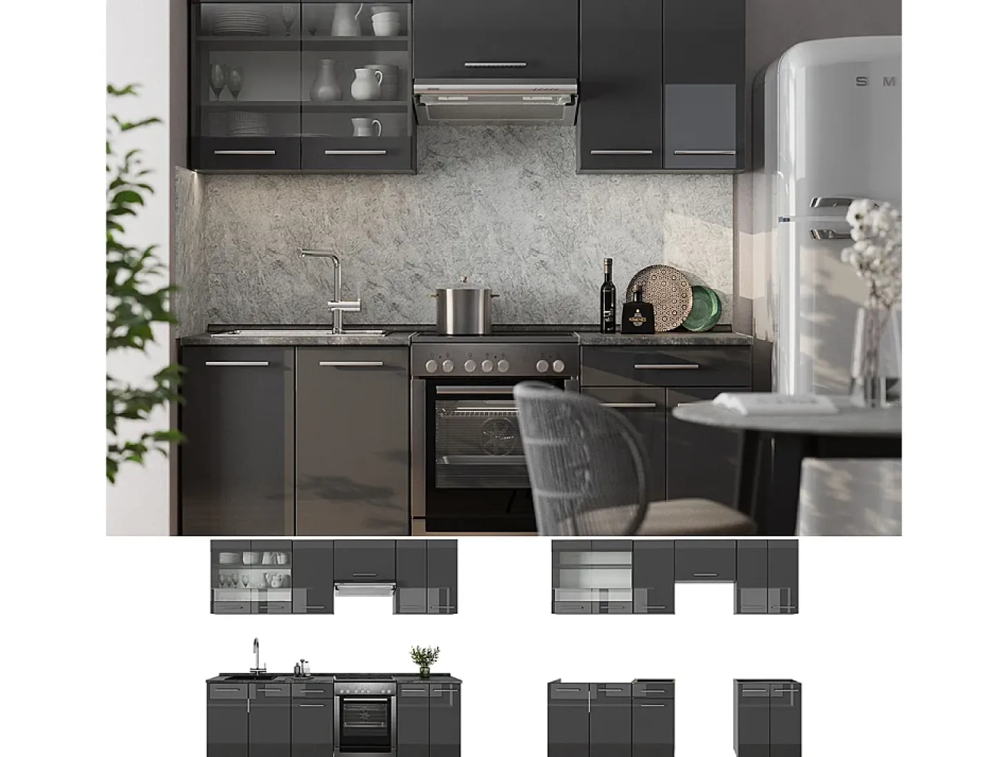 Mueble de cocina antracita alto brillo 240x46x81.6 fame-line