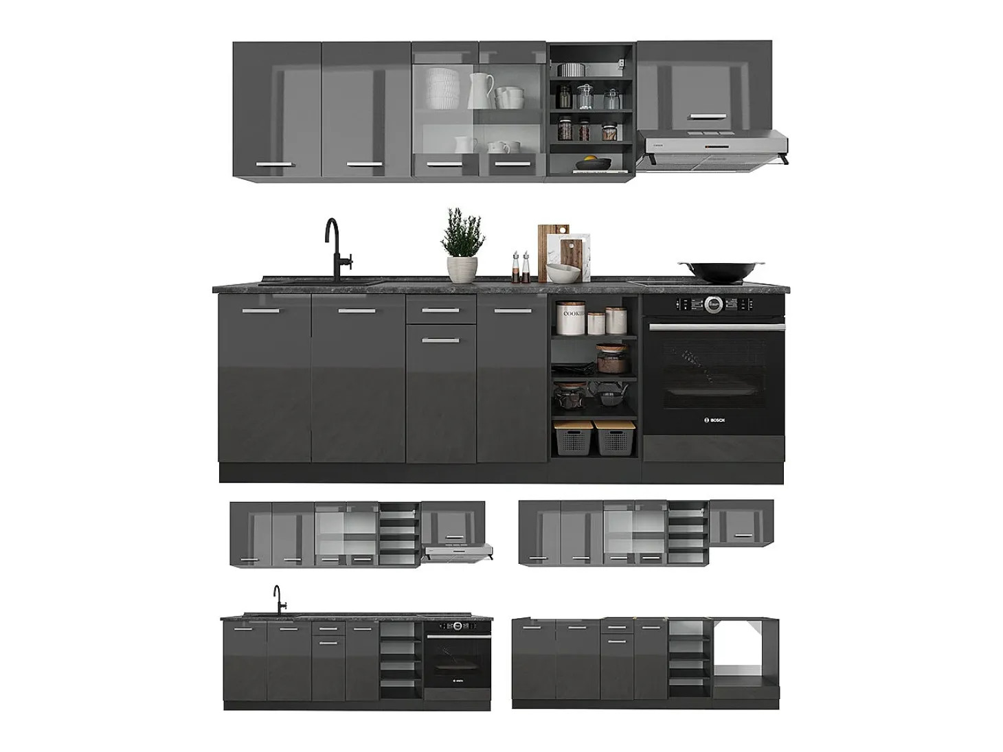 Mueble de cocina antracita brillo intenso/antracita 240x46x81.6 r-line