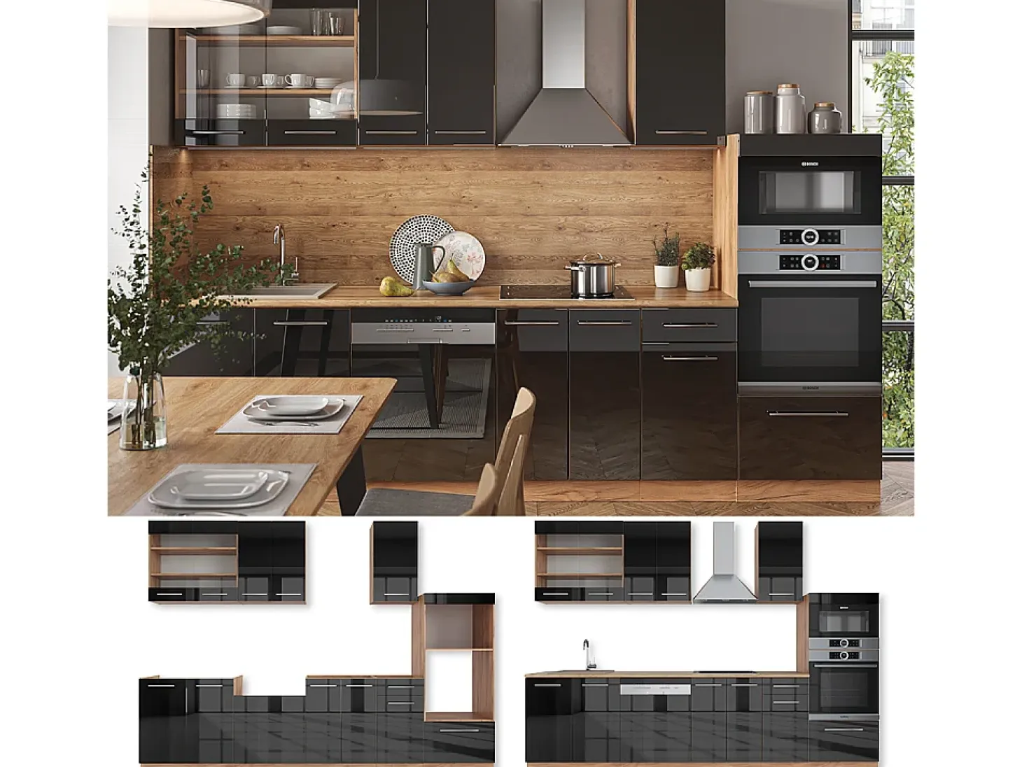 Mueble de cocina antracita brillo intenso/roble dorado eléctrico 300x60x81.6 fame-line