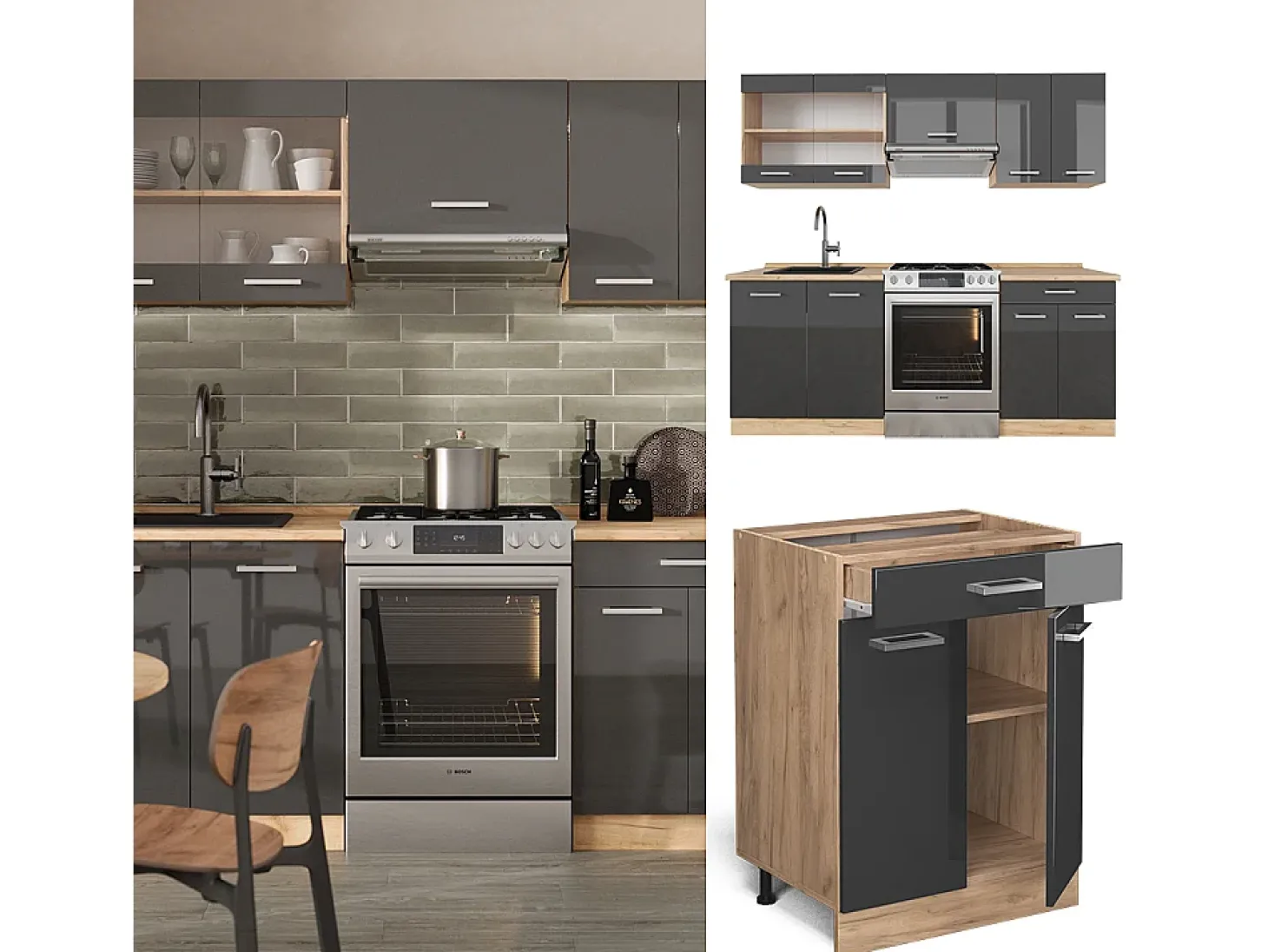 Mueble de cocina antracita brillo intenso/roble dorado eléctrico 200x60x81.6 r-line