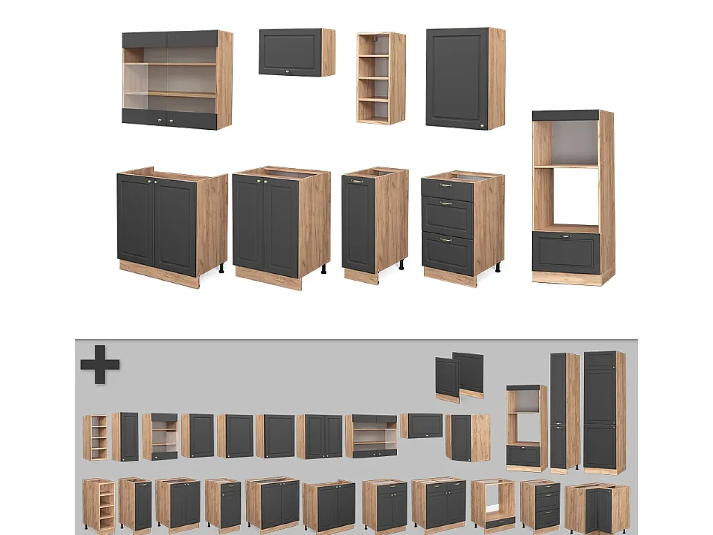 Mueble de cocina antracita casa de campo/roble kraft dorado 280x60x81.6 fame-line
