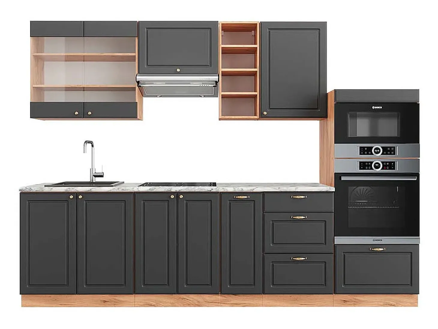 Mueble de cocina antracita casa de campo/roble kraft dorado 280x60x81.6 fame-line