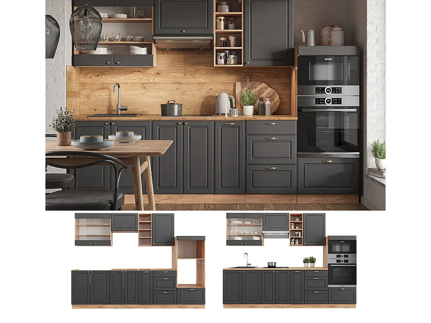 Mueble de cocina antracita casa de campo/roble kraft dorado 280x60x81.6 fame-line