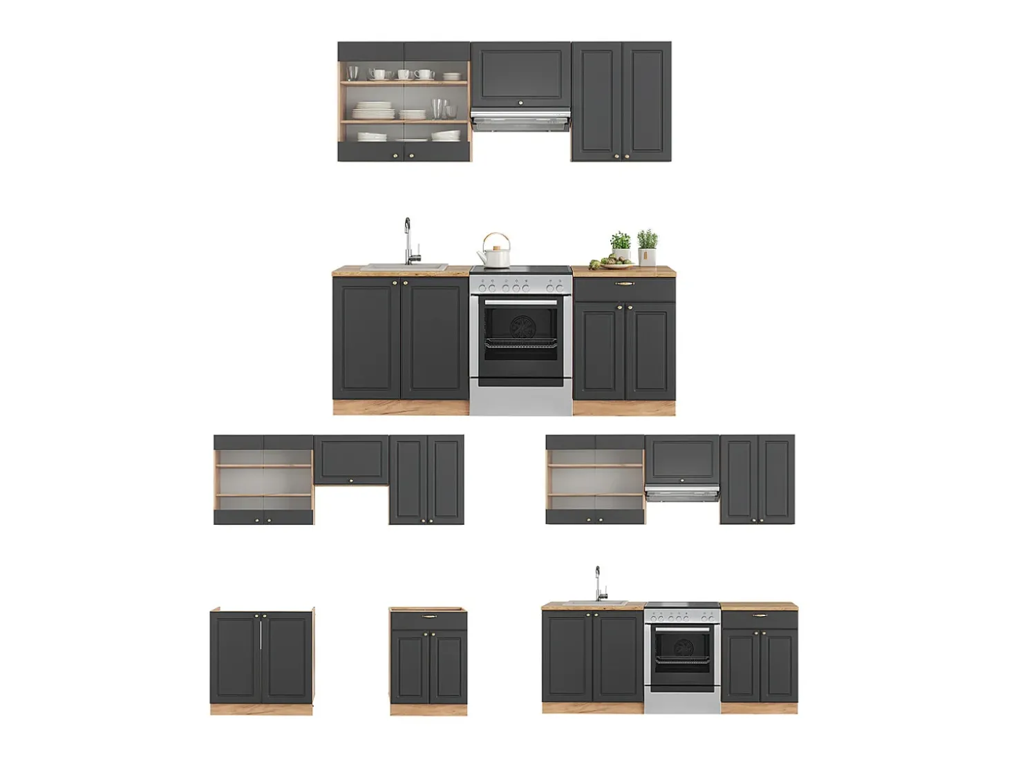 Mueble de cocina antracita casa de campo/roble kraft dorado 200x46x81.6 fame-line