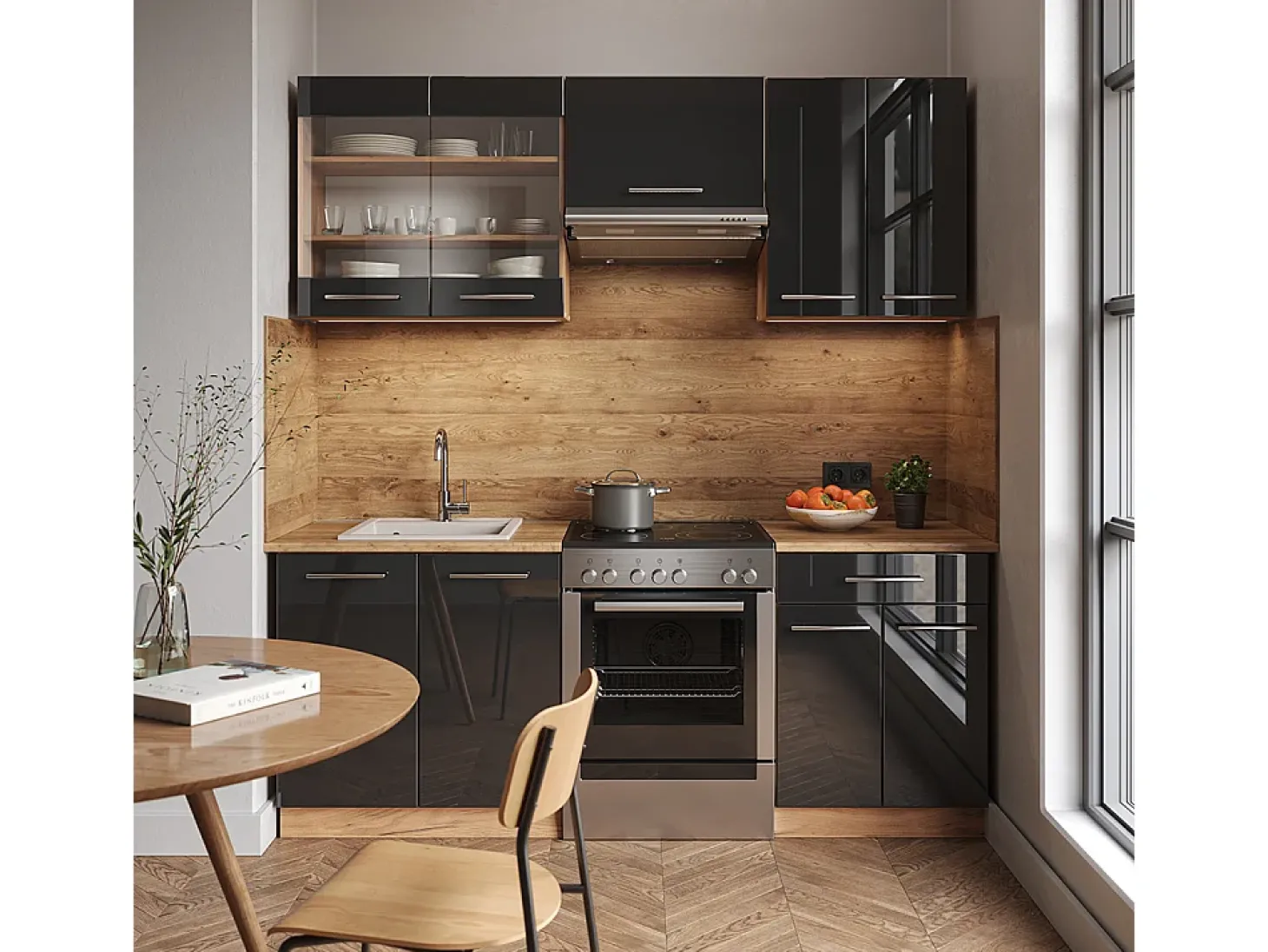 Mueble de cocina antracita brillo intenso/roble dorado eléctrico 200x60x81.6 fame-line