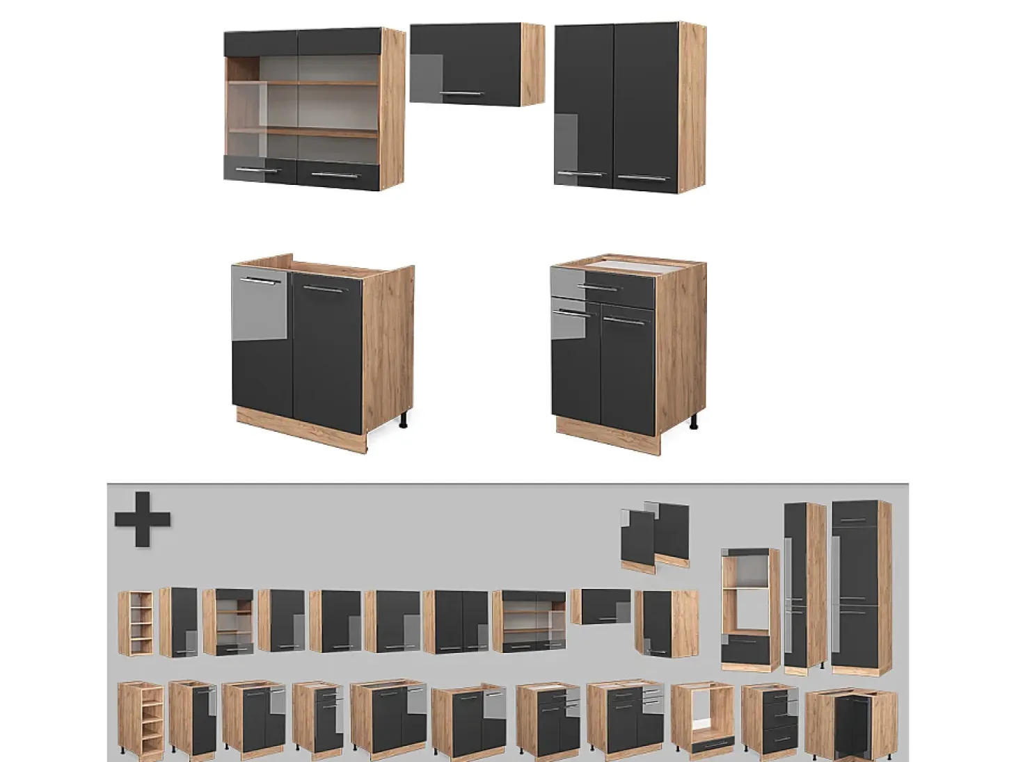 Mueble de cocina antracita brillo intenso/roble dorado eléctrico 200x60x81.6 fame-line