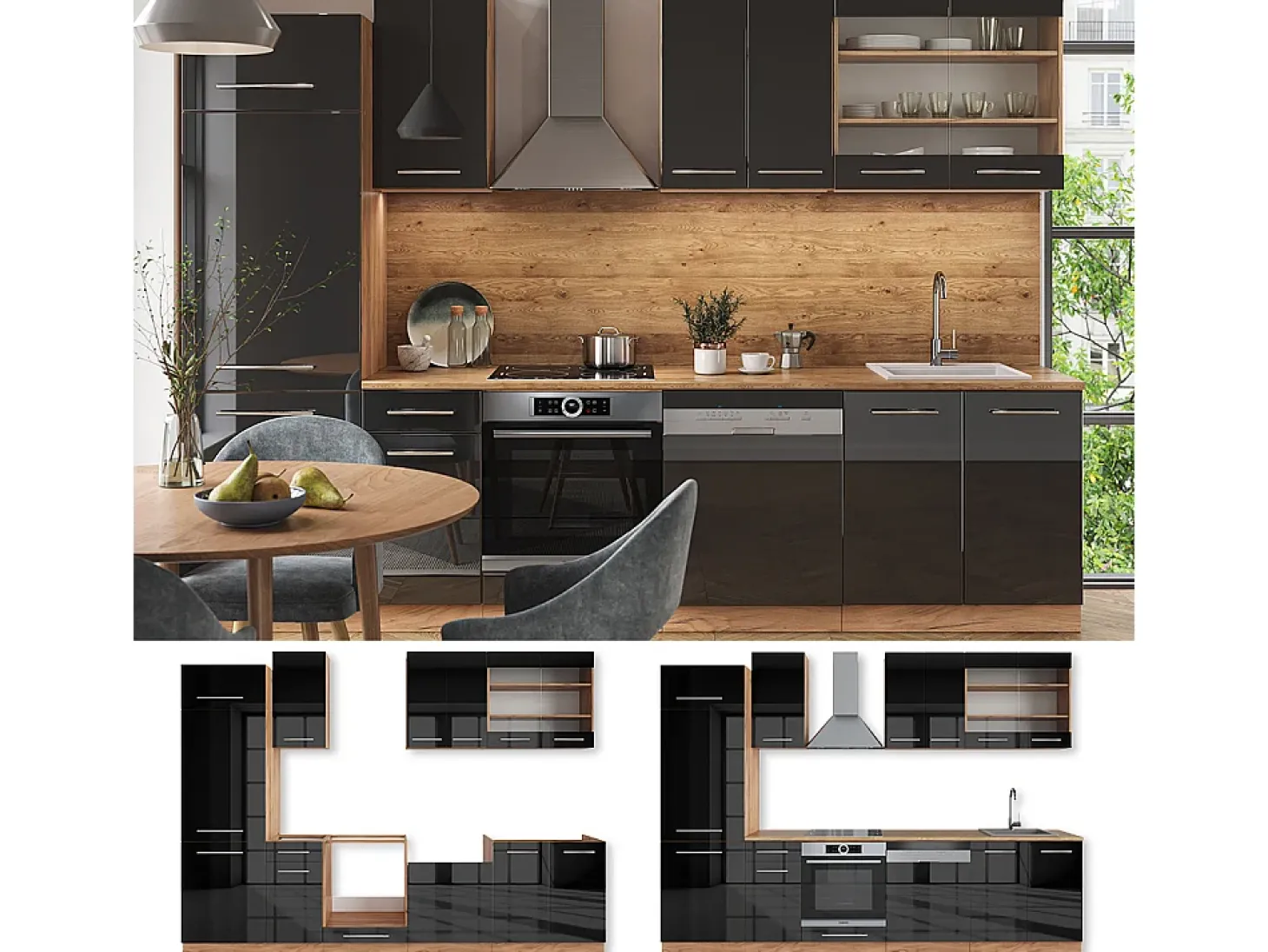Mueble de cocina antracita brillo intenso/roble dorado eléctrico 300x60x81.6 fame-line