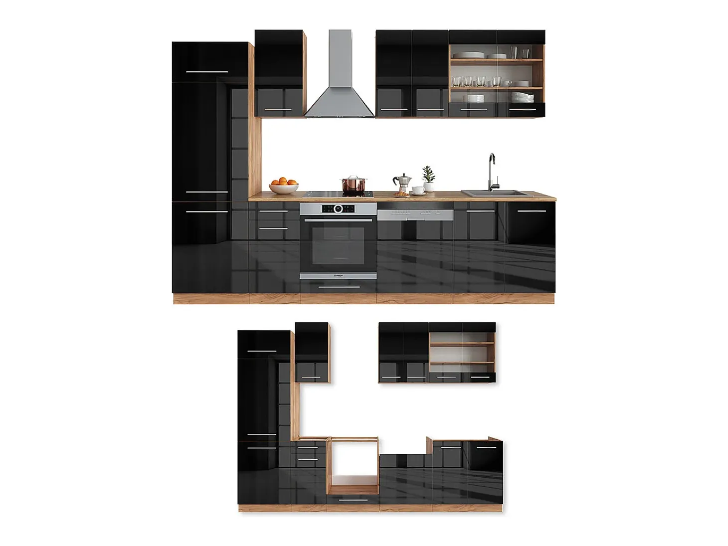 Mueble de cocina antracita brillo intenso/roble dorado eléctrico 300x60x81.6 fame-line