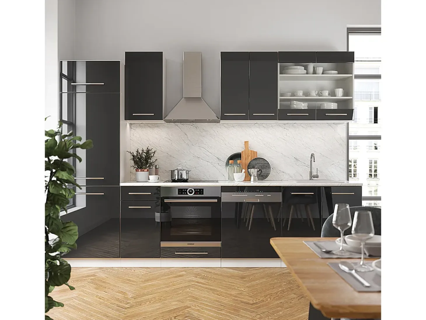 Mueble de cocina antracita brillo intenso/blanco 300x60x81.6 fame-line