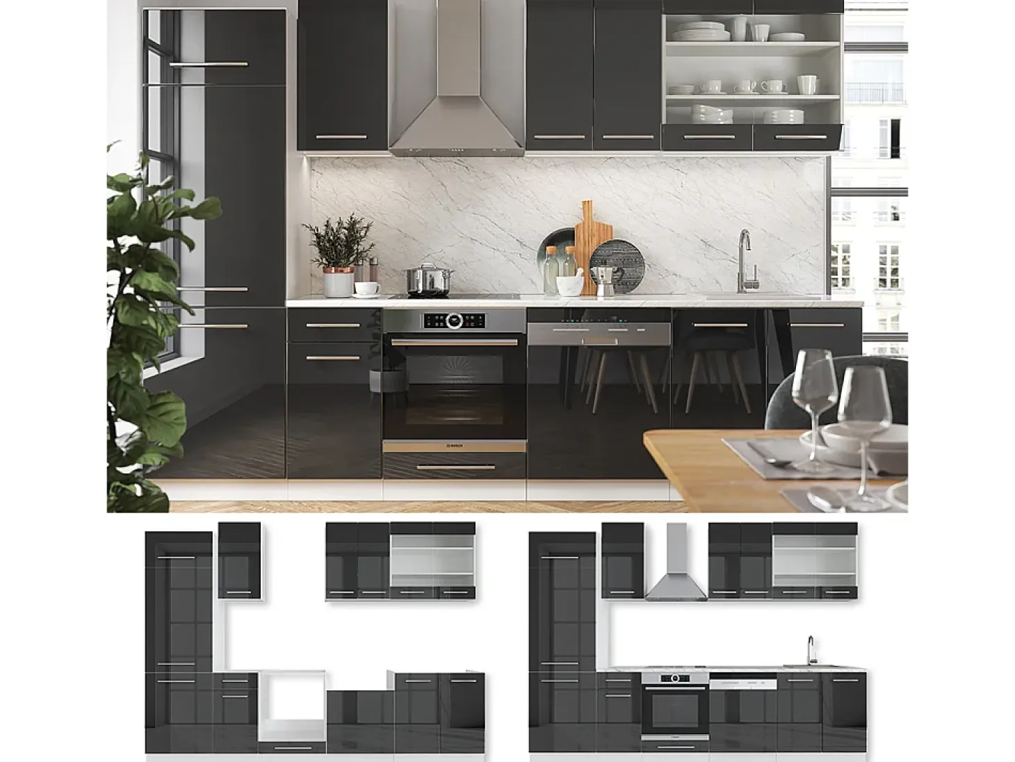 Mueble de cocina antracita brillo intenso/blanco 300x60x81.6 fame-line
