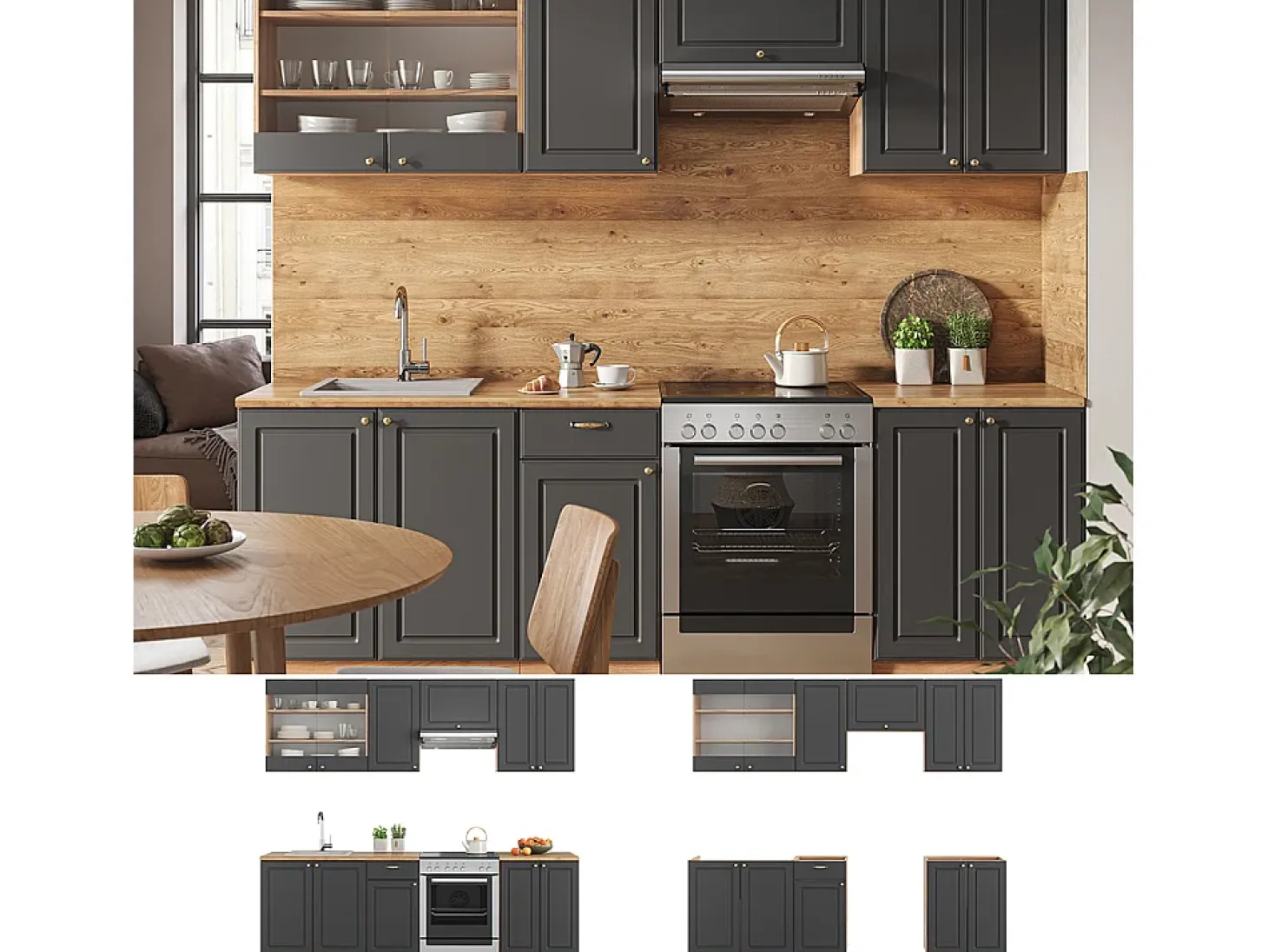 Mueble de cocina antracita casa de campo/roble kraft dorado 240x60x81.6 fame-line