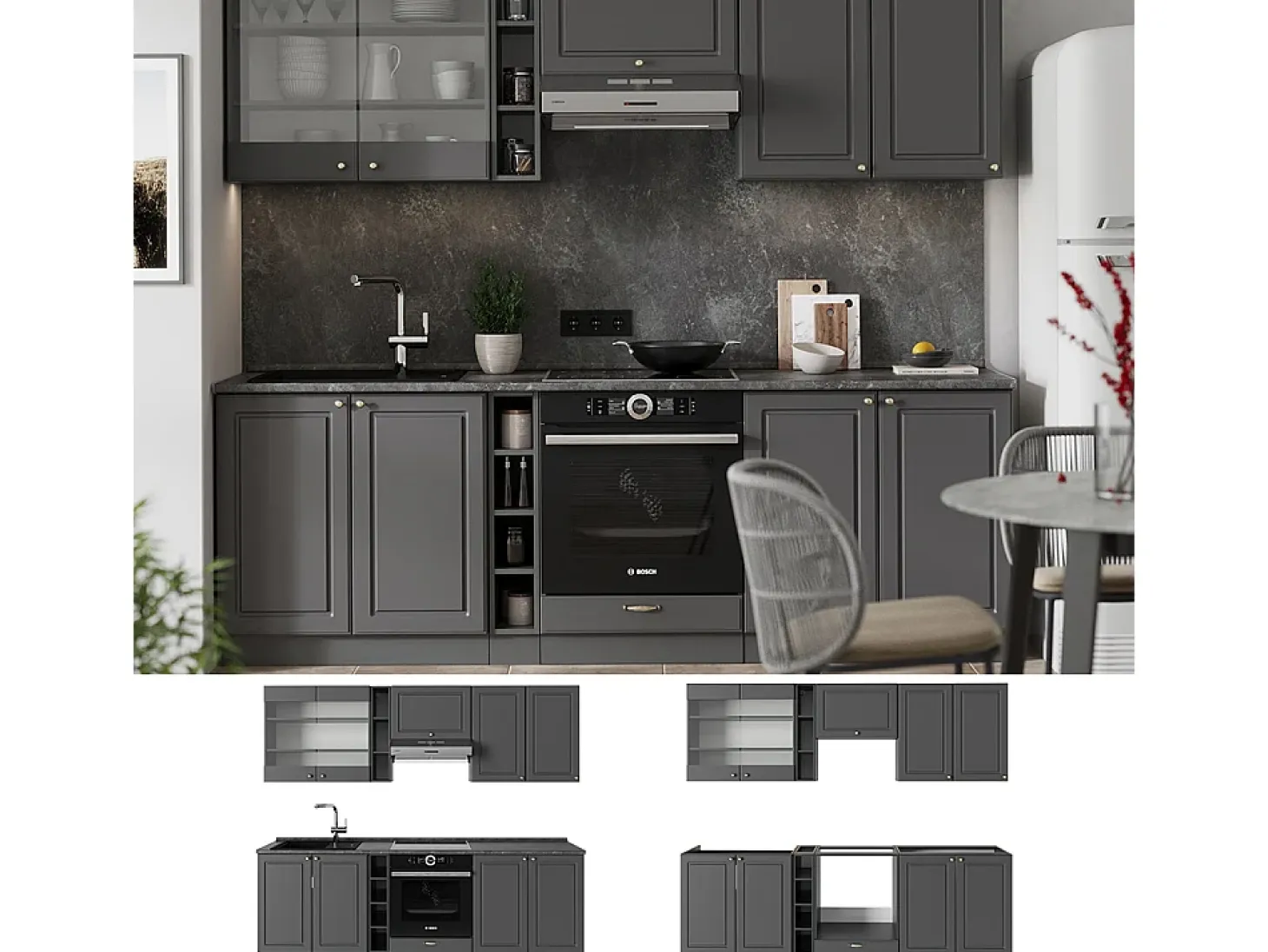 Mueble de cocina antracita-oro landhaus 235x60x81.6 fame-line