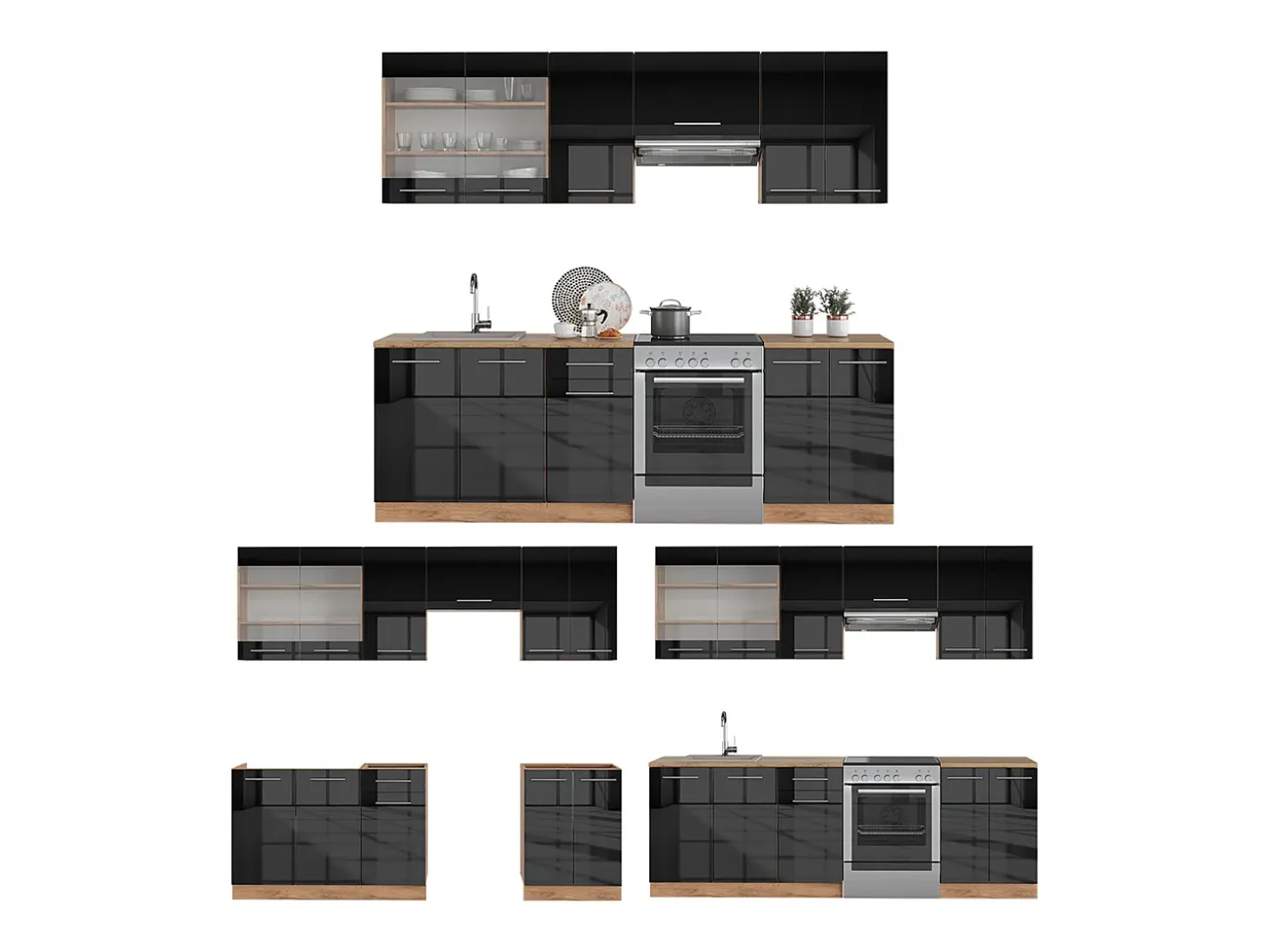 Mueble de cocina antracita brillo intenso/roble dorado eléctrico 240x60x81.6 fame-line