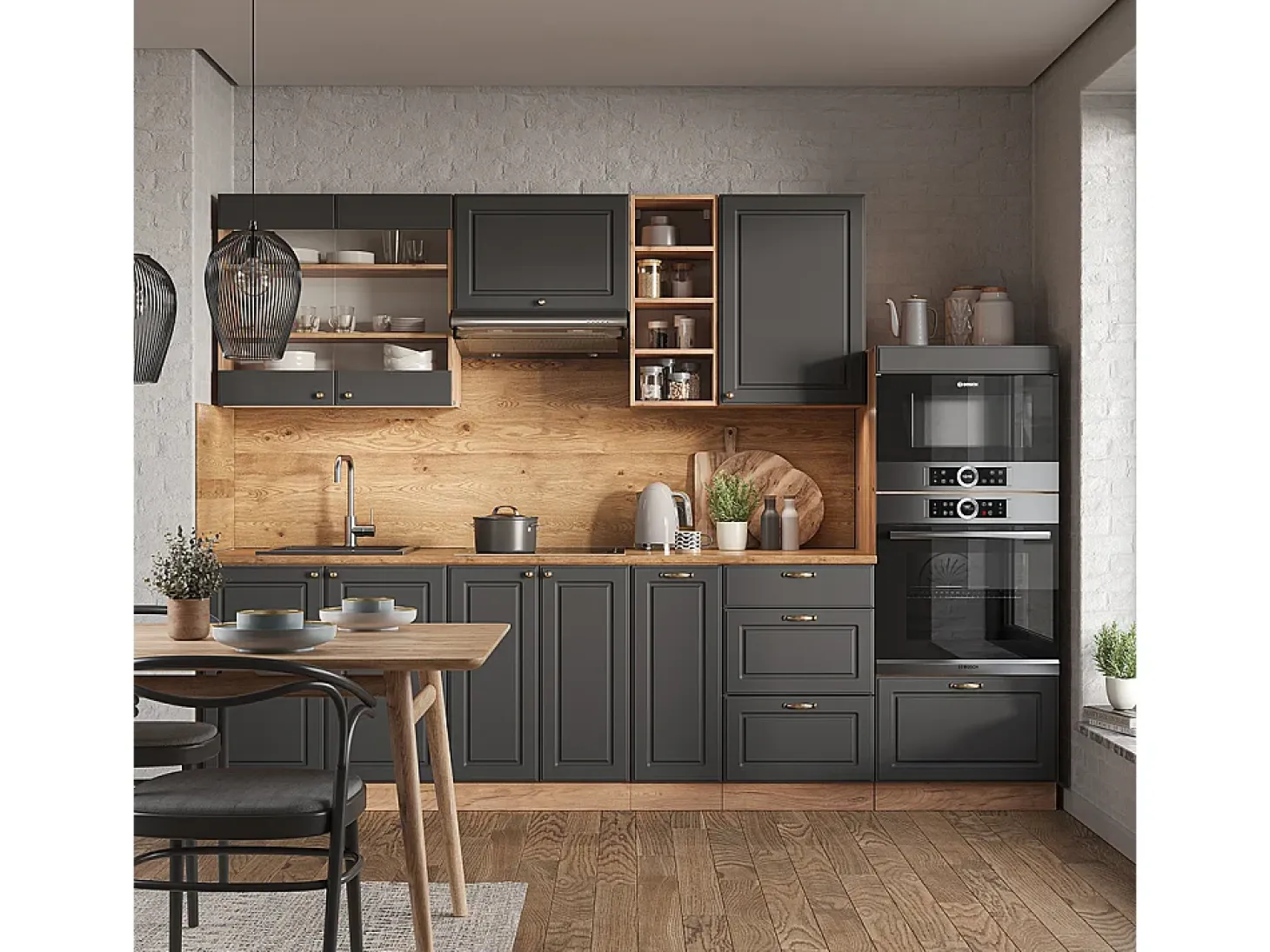 Mueble de cocina antracita casa de campo/roble kraft dorado 280x46x81.6 fame-line