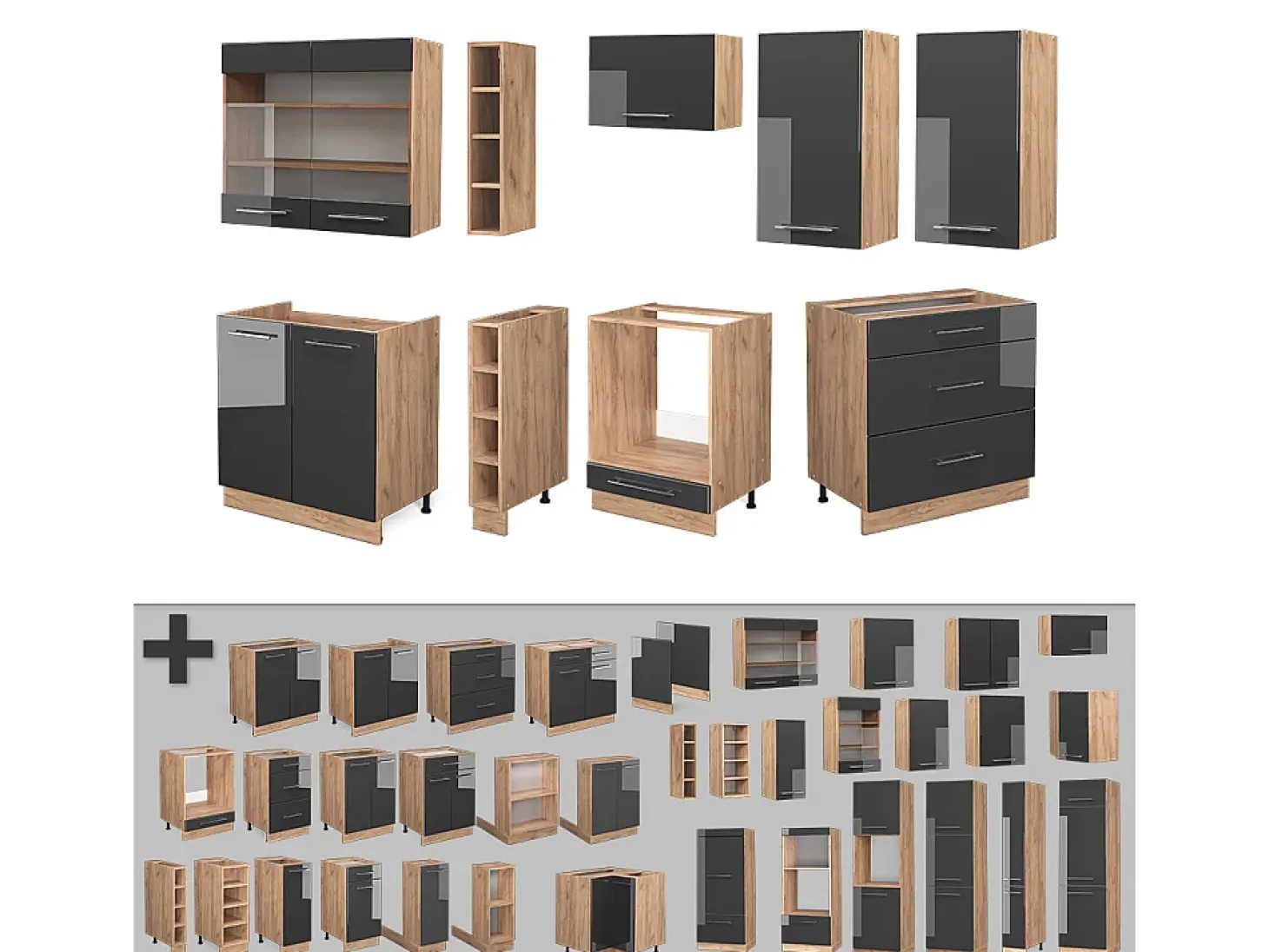 Mueble de cocina antracita brillo intenso/roble dorado eléctrico 235x60x81.6 fame-line