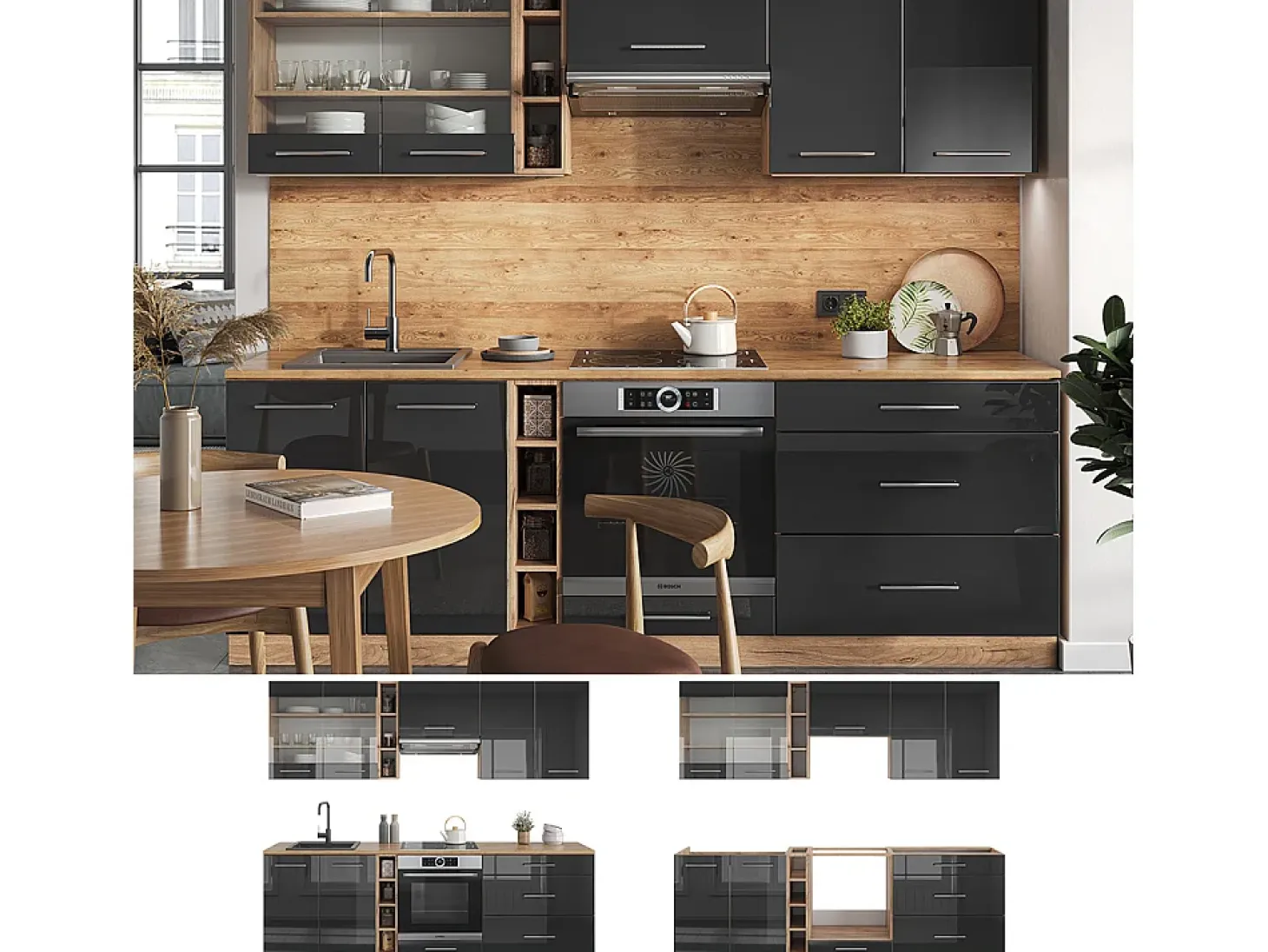 Mueble de cocina antracita brillo intenso/roble dorado eléctrico 235x60x81.6 fame-line