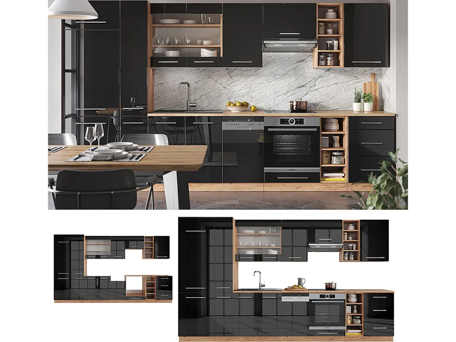Mueble de cocina antracita brillo intenso/roble dorado eléctrico 355x60x81.6 fame-line