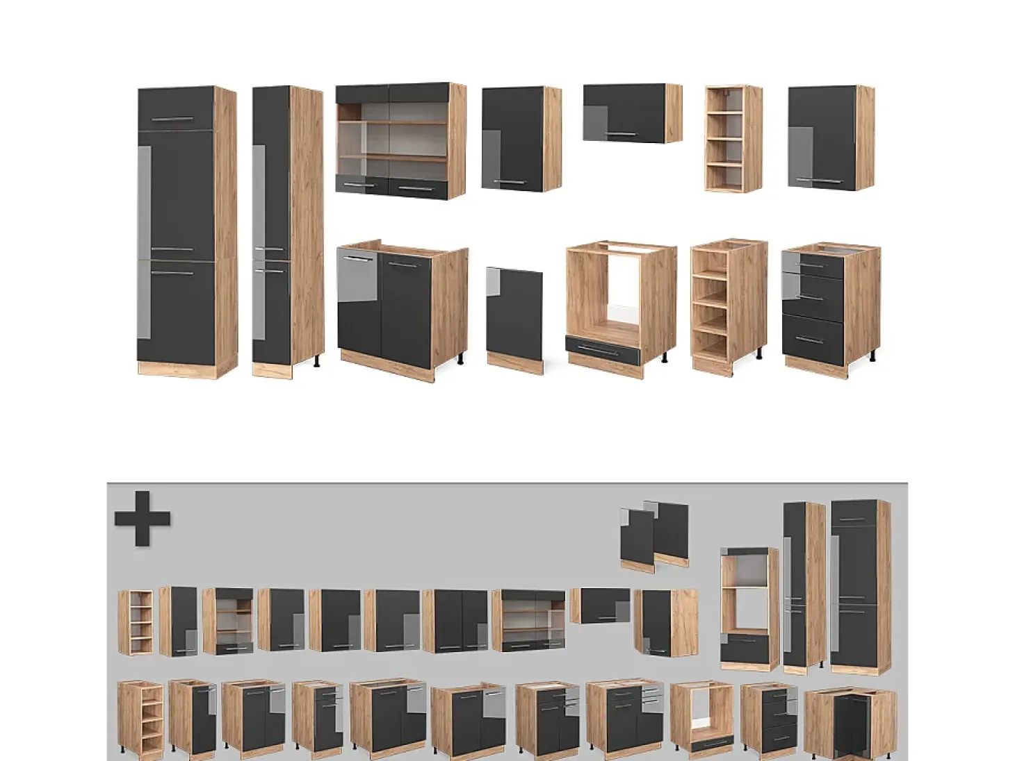 Mueble de cocina antracita brillo intenso/roble dorado eléctrico 355x60x81.6 fame-line