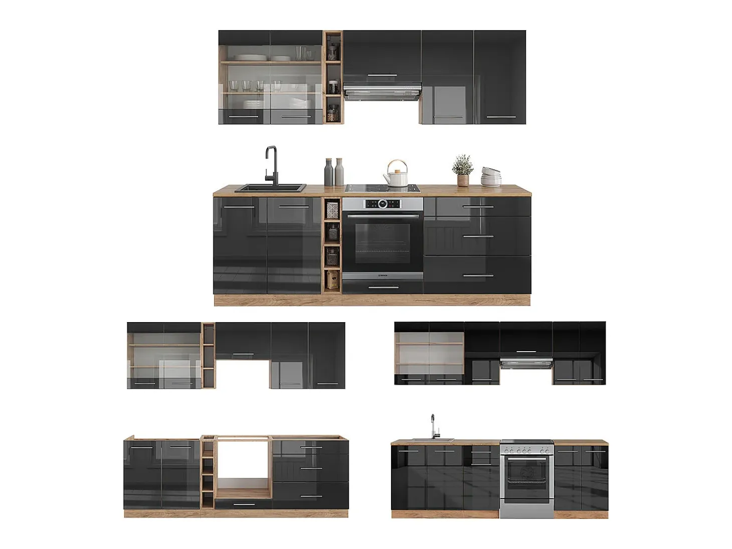 Mueble de cocina antracita brillo intenso/roble dorado eléctrico 235x60x81.6 fame-line