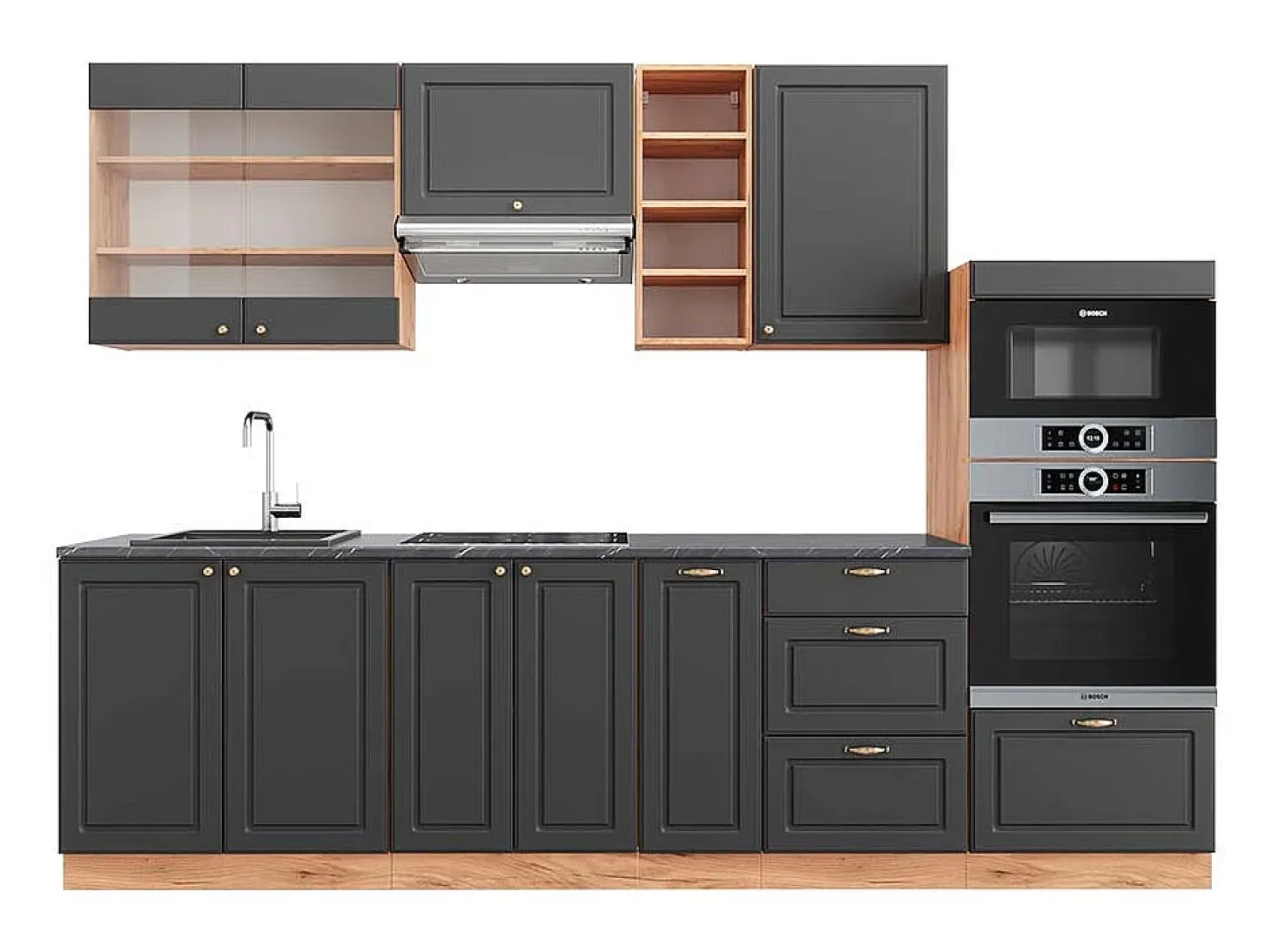 Mueble de cocina antracita casa de campo/roble kraft dorado 280x60x81.6 fame-line