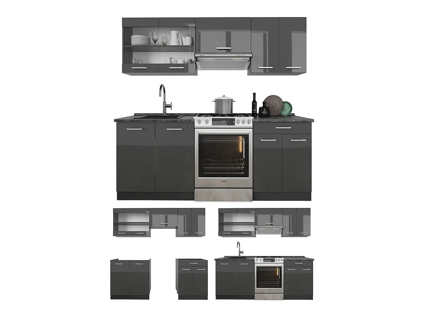 Mueble de cocina antracita brillo intenso/antracita 200x46x81.6 r-line