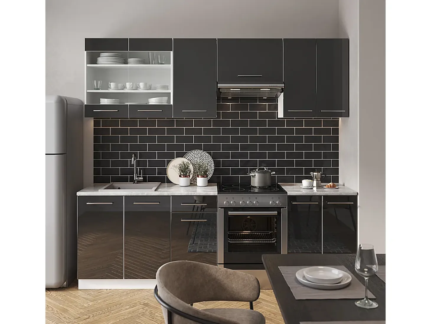Mueble de cocina antracita brillo intenso/blanco 240x60x81.6 fame-line