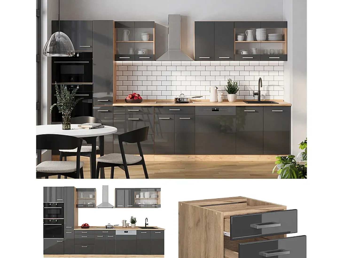Mueble de cocina antracita brillo intenso/roble dorado eléctrico 350x60x81.6 r-line