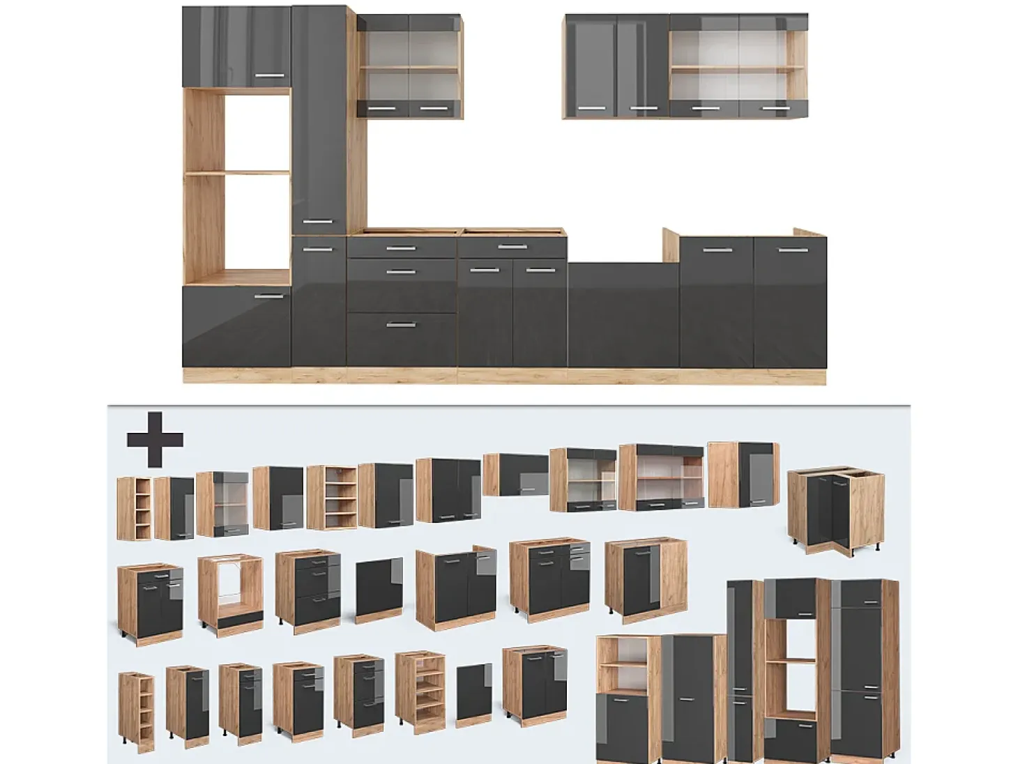 Mueble de cocina antracita brillo intenso/roble dorado eléctrico 350x60x81.6 r-line