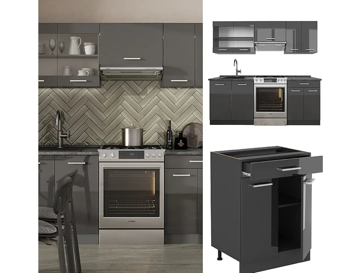 Mueble de cocina antracita brillo intenso/antracita 200x60x81.6 r-line