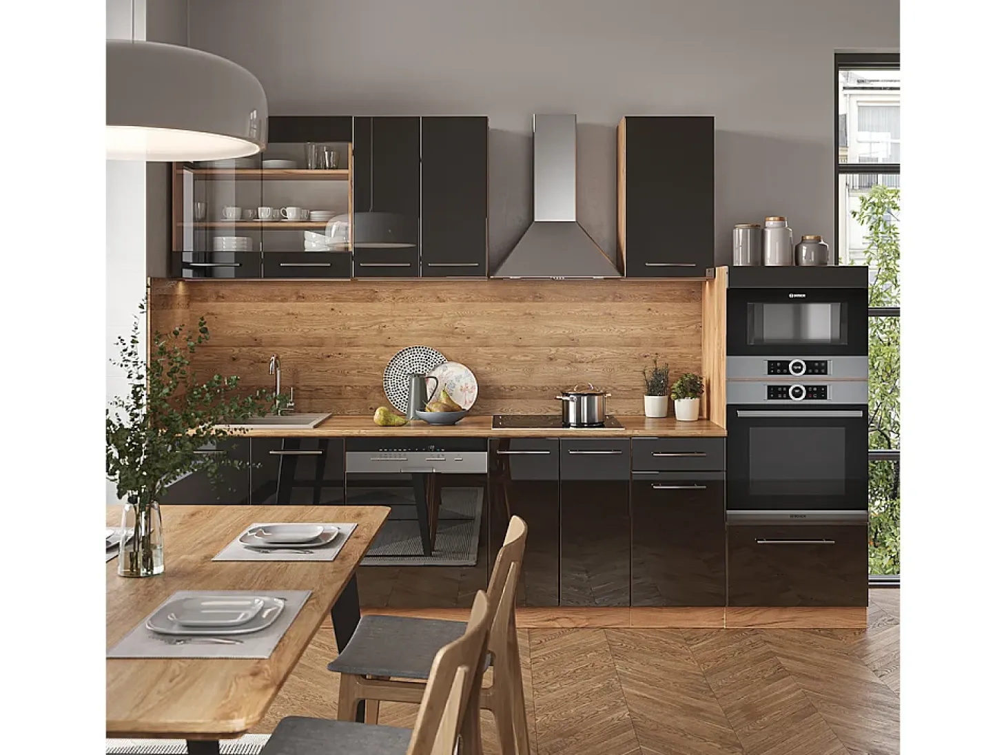 Mueble de cocina antracita brillo intenso/roble dorado eléctrico 300x60x81.6 fame-line