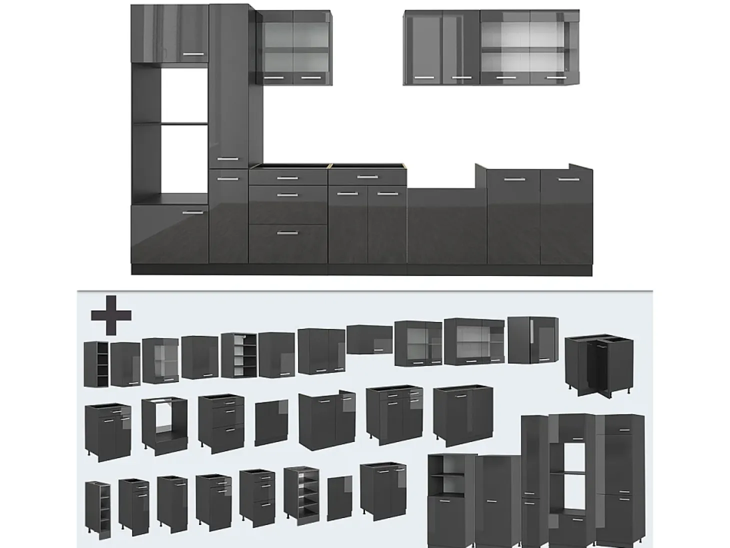 Mueble de cocina antracita brillo intenso/antracita 350x46x81.6 r-line