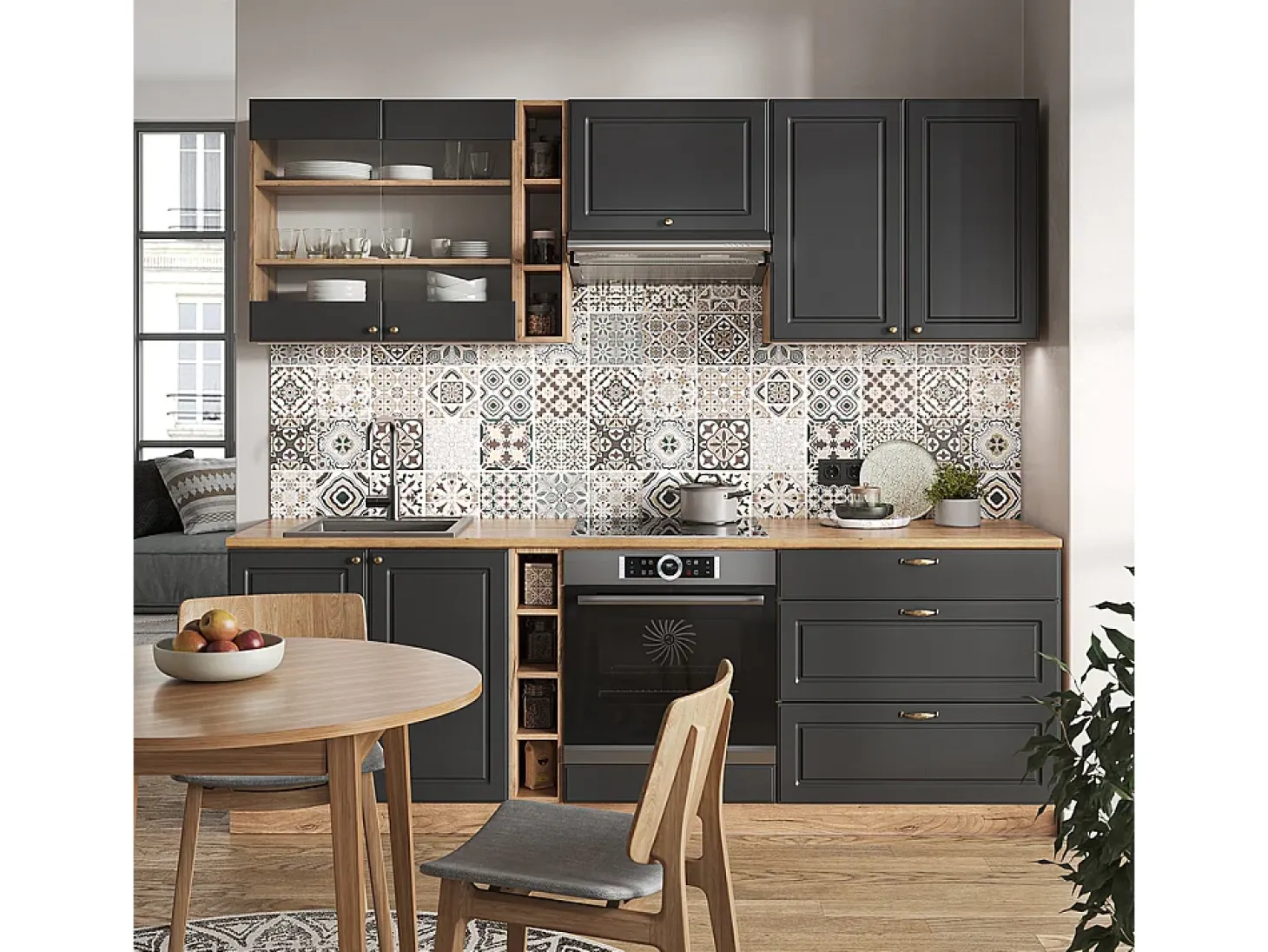 Mueble de cocina antracita casa de campo/roble kraft dorado 235x60x81.6 fame-line