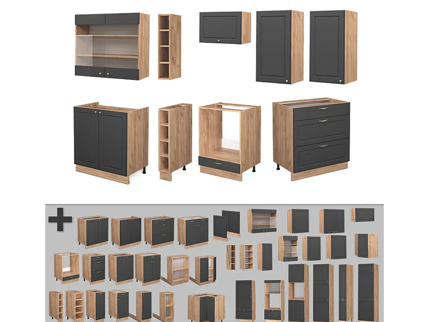 Mueble de cocina antracita casa de campo/roble kraft dorado 235x60x81.6 fame-line