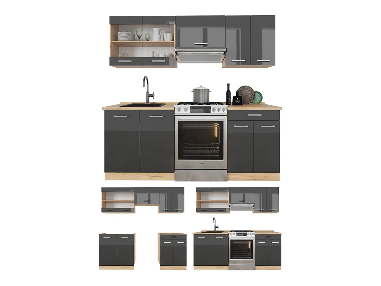 Mueble de cocina antracita brillo intenso/roble dorado eléctrico 200x46x81.6 r-line