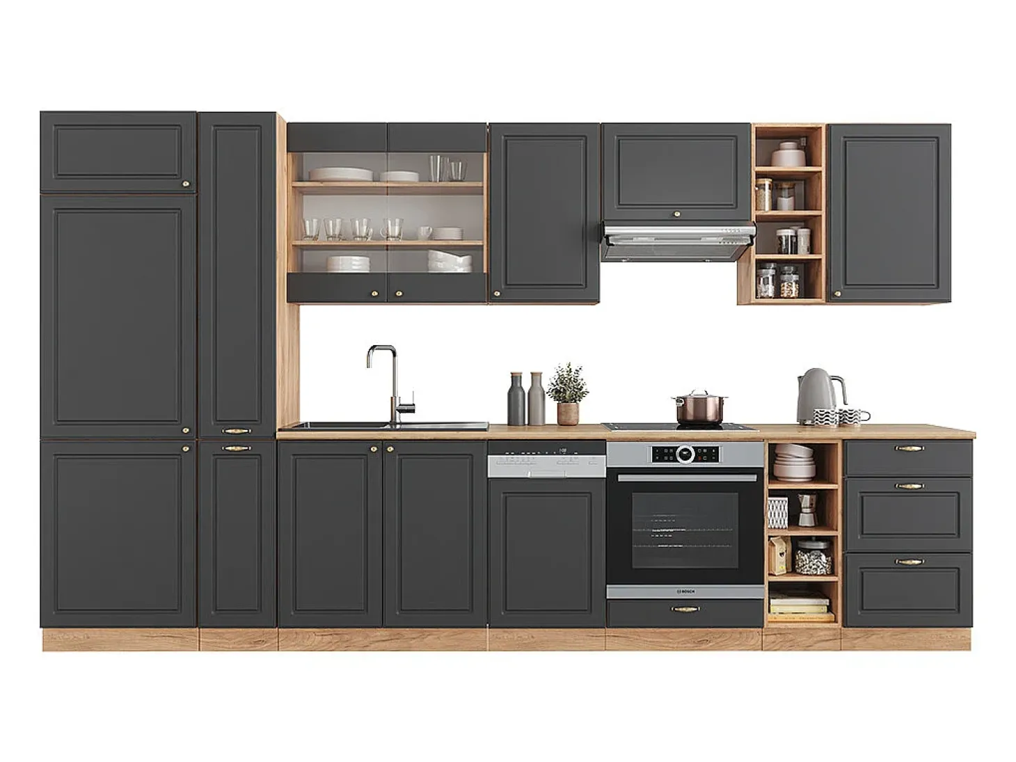 Mueble de cocina antracita casa de campo/roble kraft dorado 355x60x81.6 fame-line