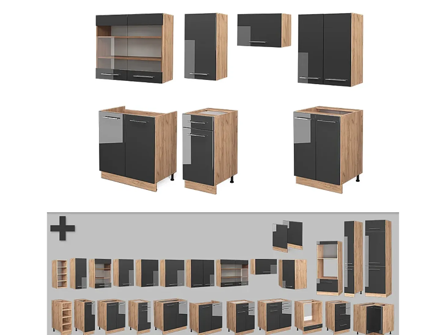 Mueble de cocina antracita brillo intenso/roble dorado eléctrico 240x60x81.6 fame-line