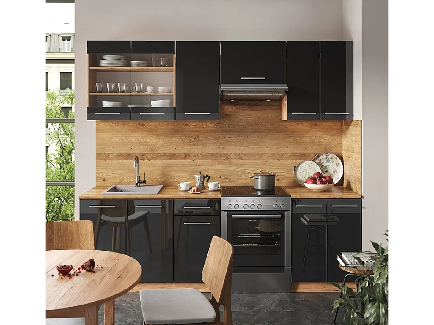 Mueble de cocina antracita brillo intenso/roble dorado eléctrico 240x60x81.6 fame-line