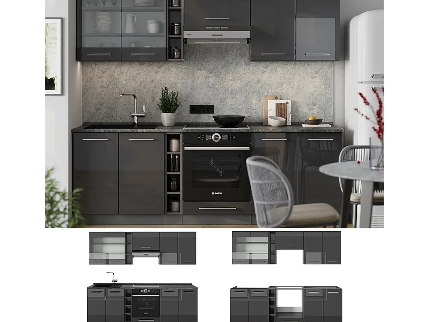 Mueble de cocina antracita alto brillo 235x46x81.6 fame-line