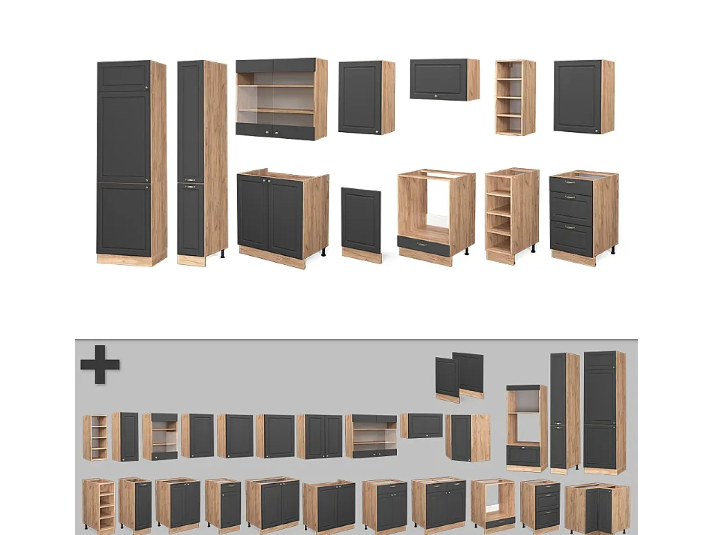 Mueble de cocina antracita casa de campo/roble kraft dorado 355x46x81.6 fame-line