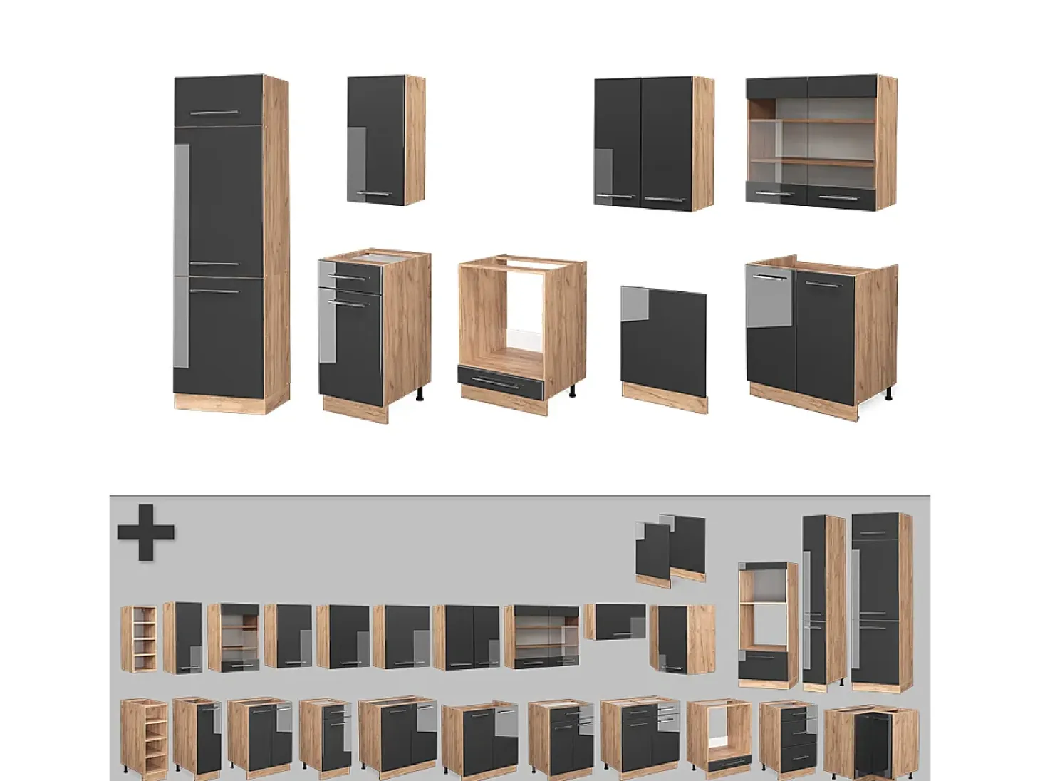 Mueble de cocina antracita brillo intenso/roble dorado eléctrico 300x60x81.6 fame-line