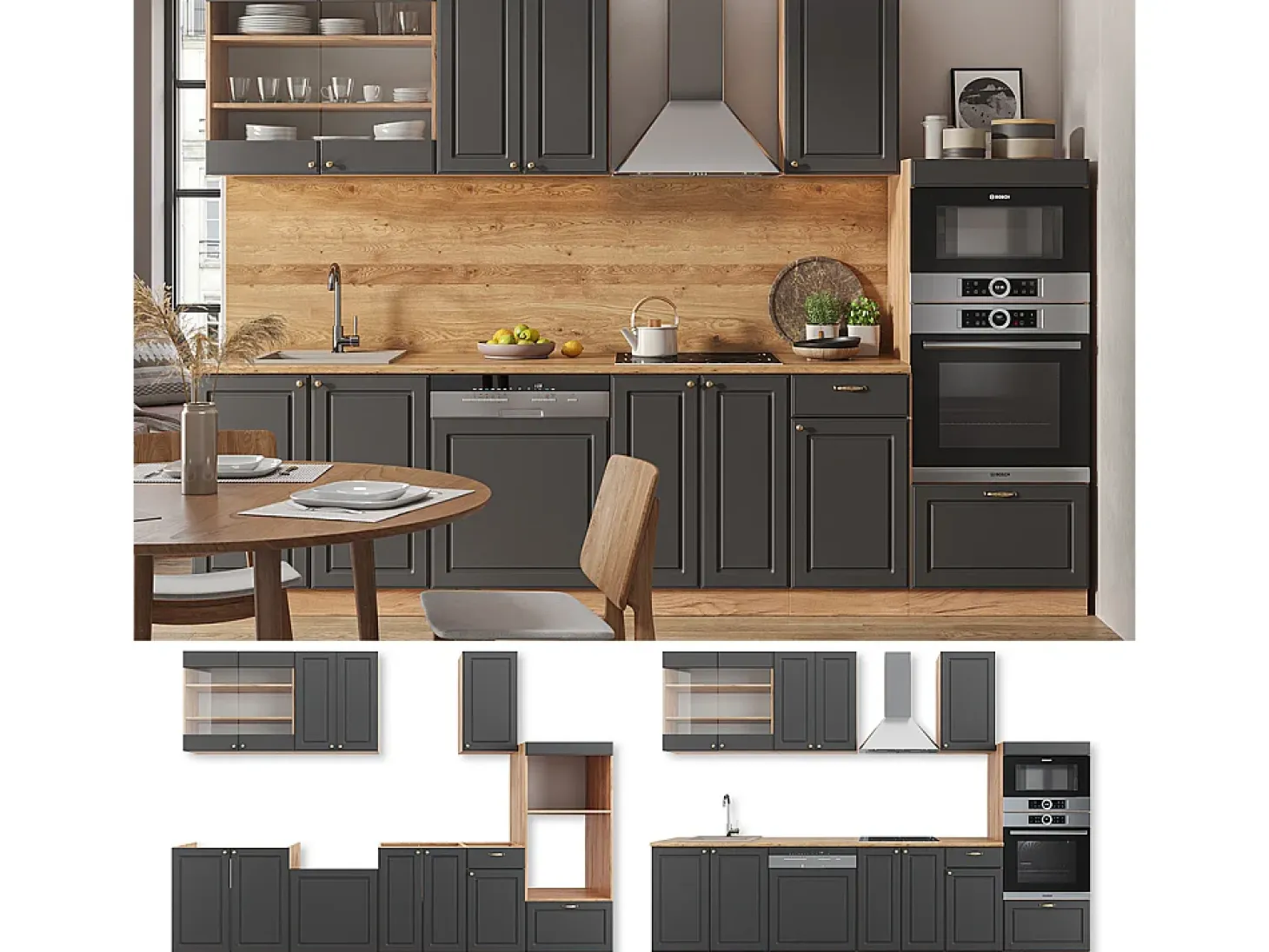 Mueble de cocina antracita casa de campo/roble kraft dorado 300x60x81.6 fame-line