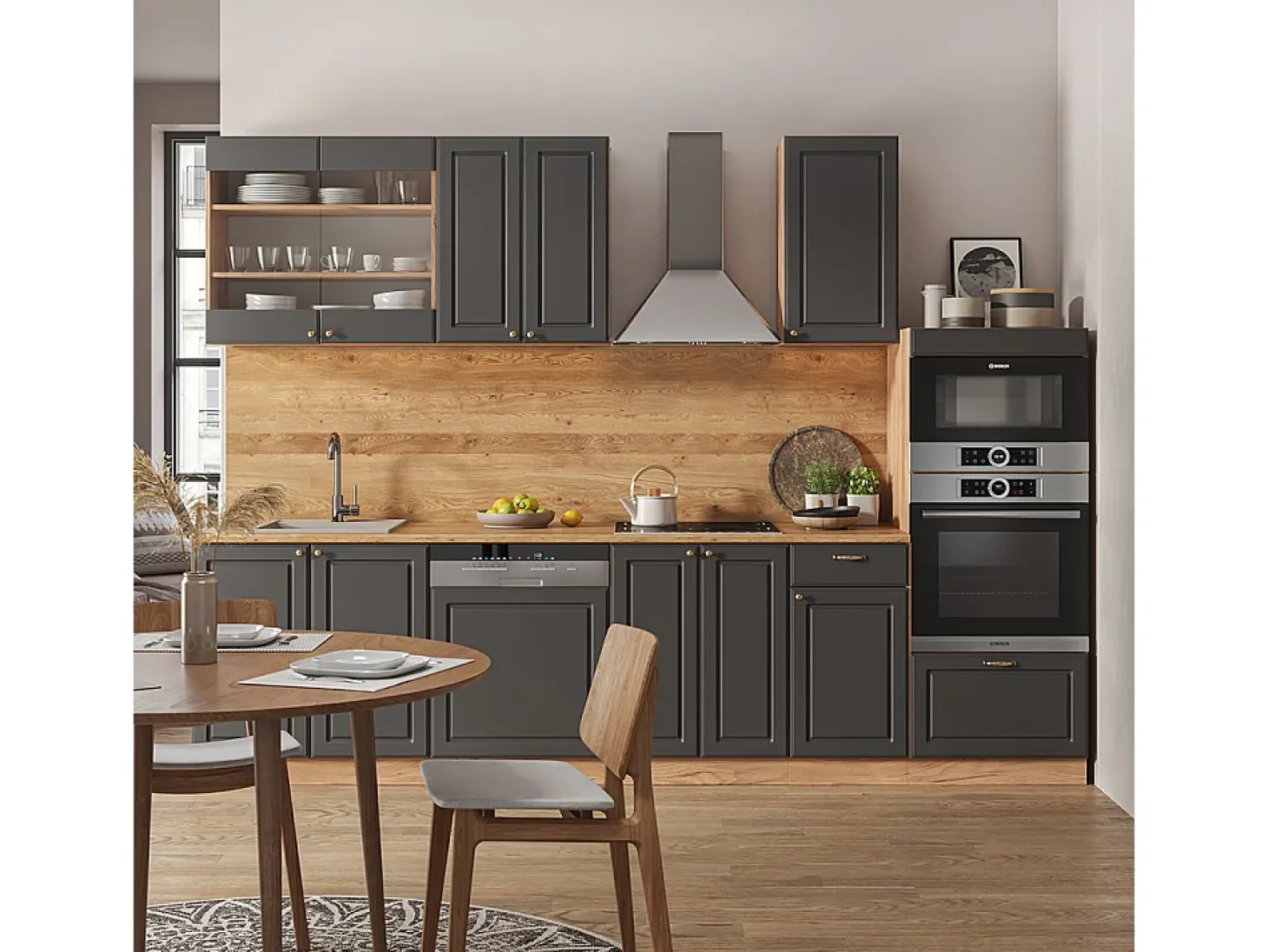 Mueble de cocina antracita casa de campo/roble kraft dorado 300x60x81.6 fame-line