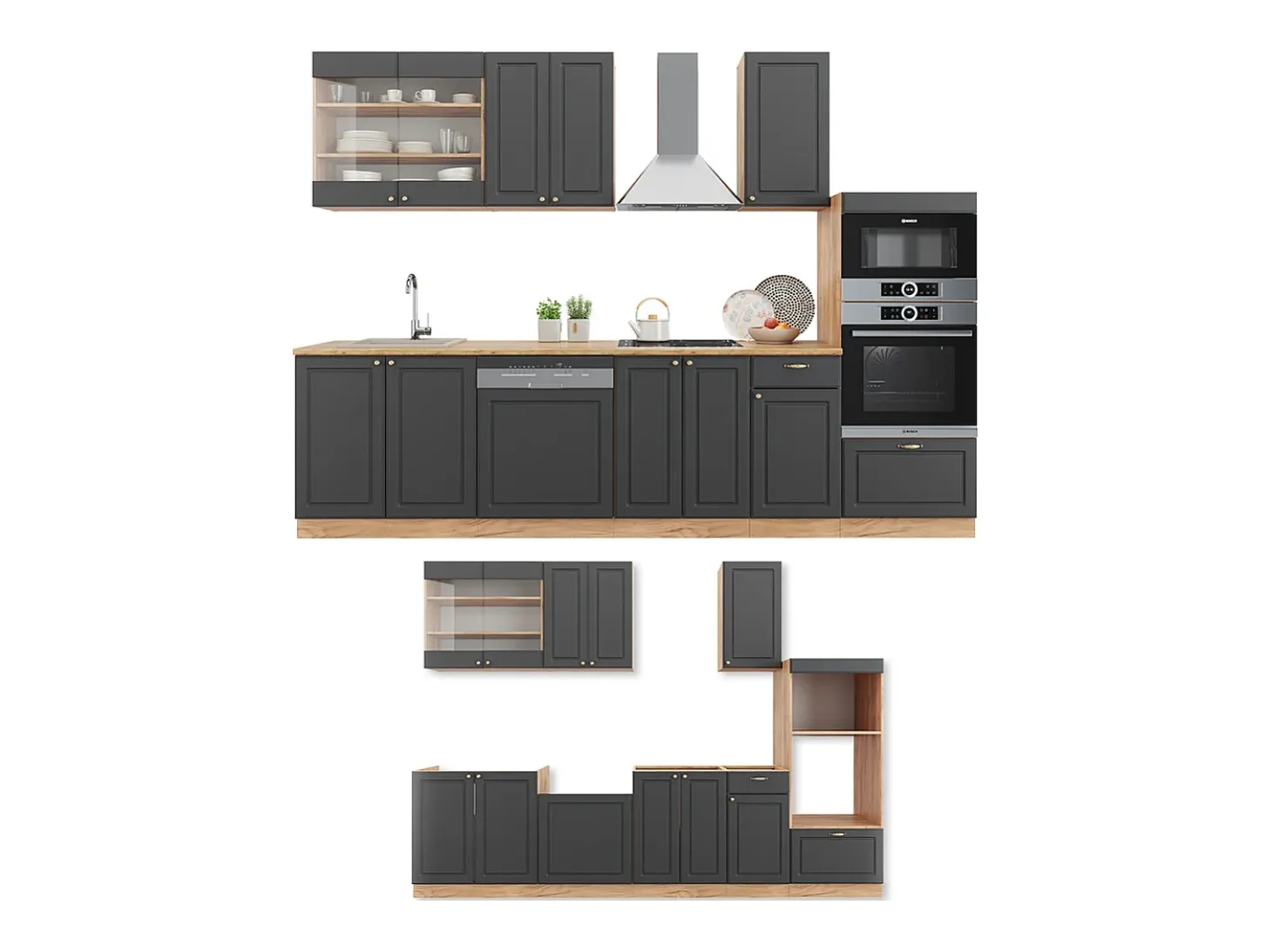 Mueble de cocina antracita casa de campo/roble kraft dorado 300x60x81.6 fame-line