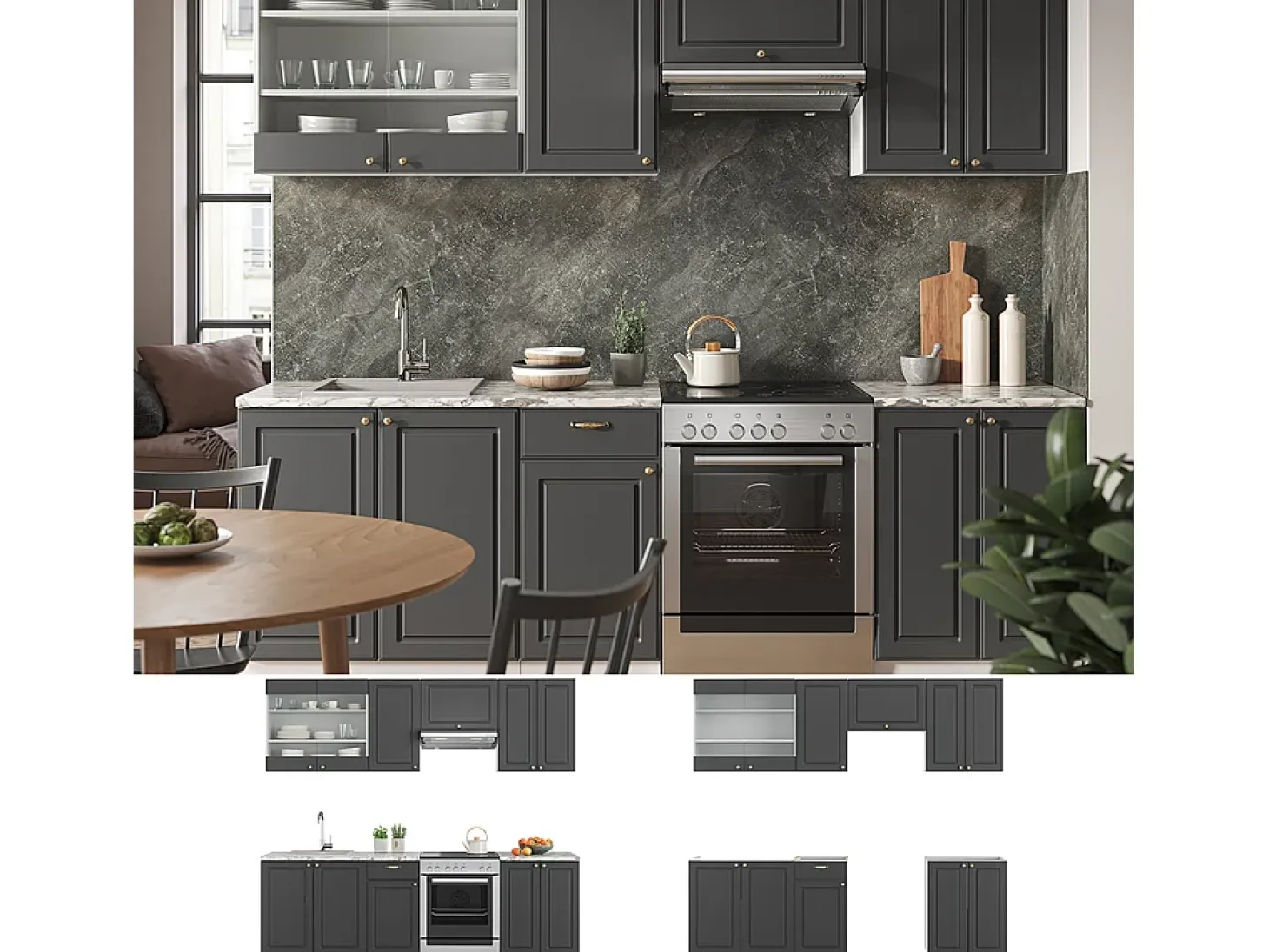 Mueble de cocina antracita-oro/blanco 240x60x81.6 fame-line