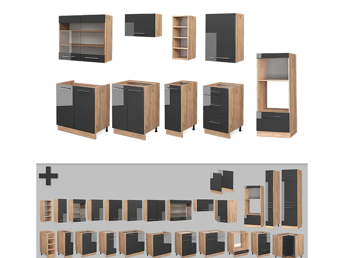 Mueble de cocina antracita brillo intenso/roble dorado eléctrico 280x60x81.6 fame-line