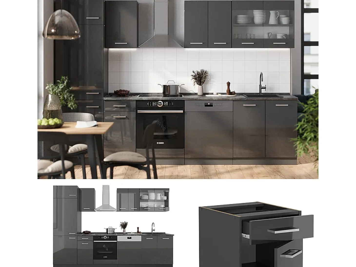 Mueble de cocina antracita brillo intenso/antracita 300x60x81.6 r-line