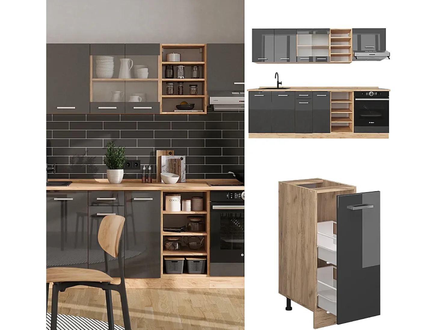 Mueble de cocina antracita brillo intenso/roble dorado eléctrico 240x60x81.6 r-line