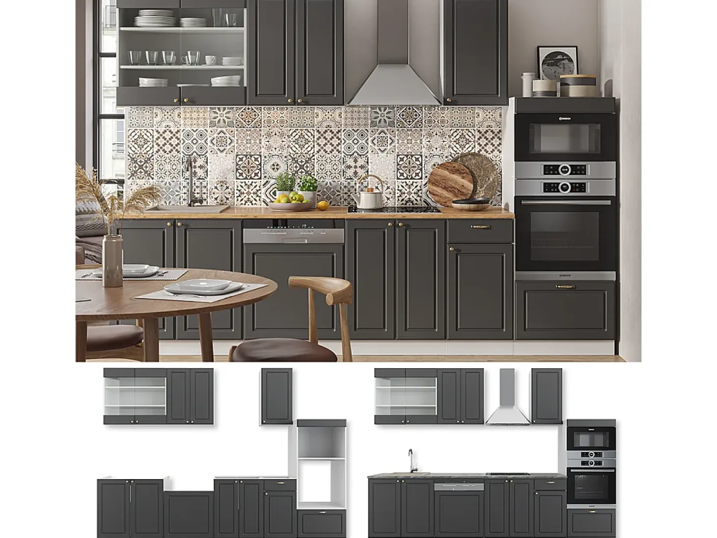 Mueble de cocina antracita-oro/blanco 300x60x81.6 fame-line