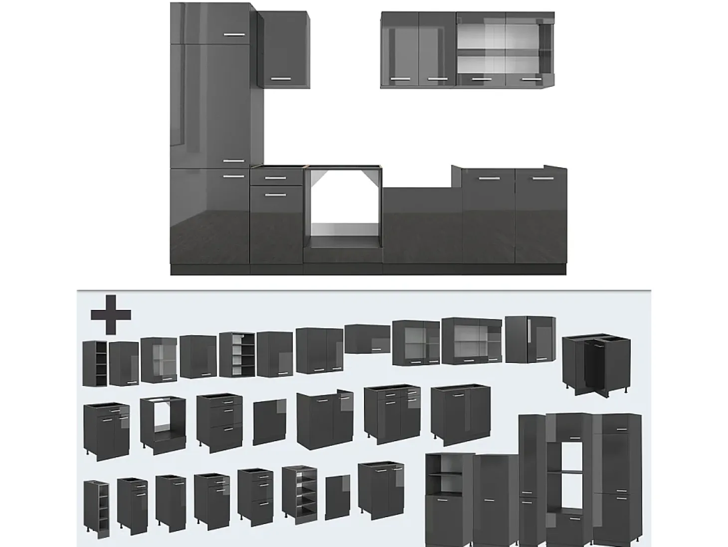 Mueble de cocina antracita brillo intenso/antracita 300x60x81.6 r-line
